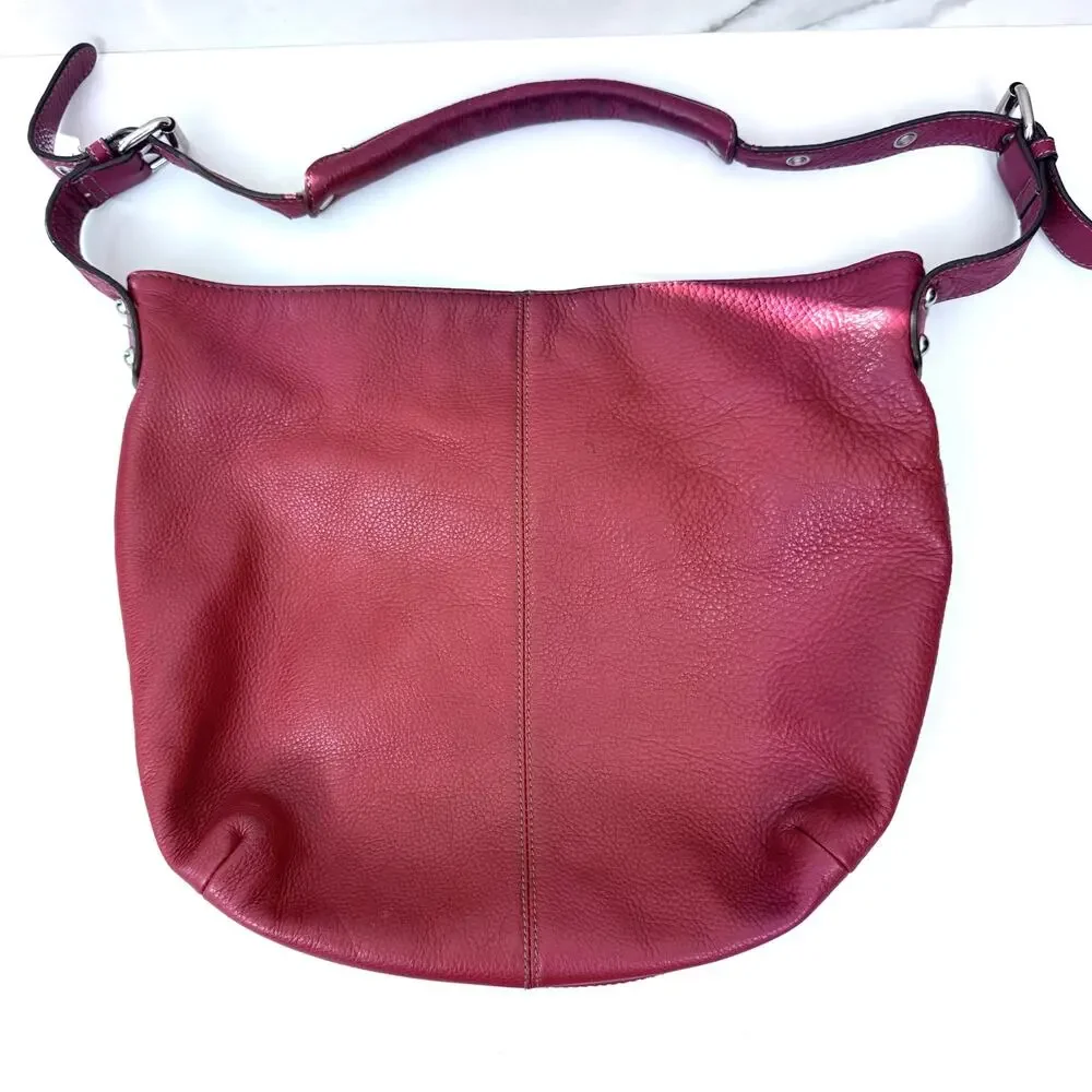 Tignanello Womens Satchel Handbag Slouchy Hobo Pebbled Leather Chain Red